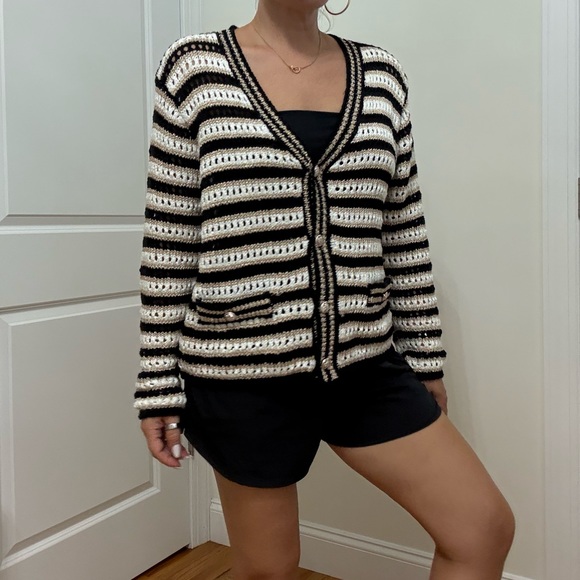 Striped Black, White and Gold Women's Sweater - Picture 5 of 12